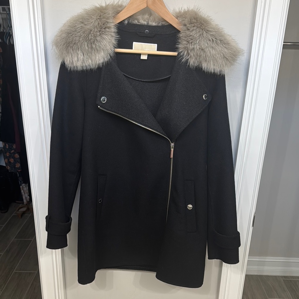 Michael Kors Wool Women's Black Coat with Faux Fur Removable Collar